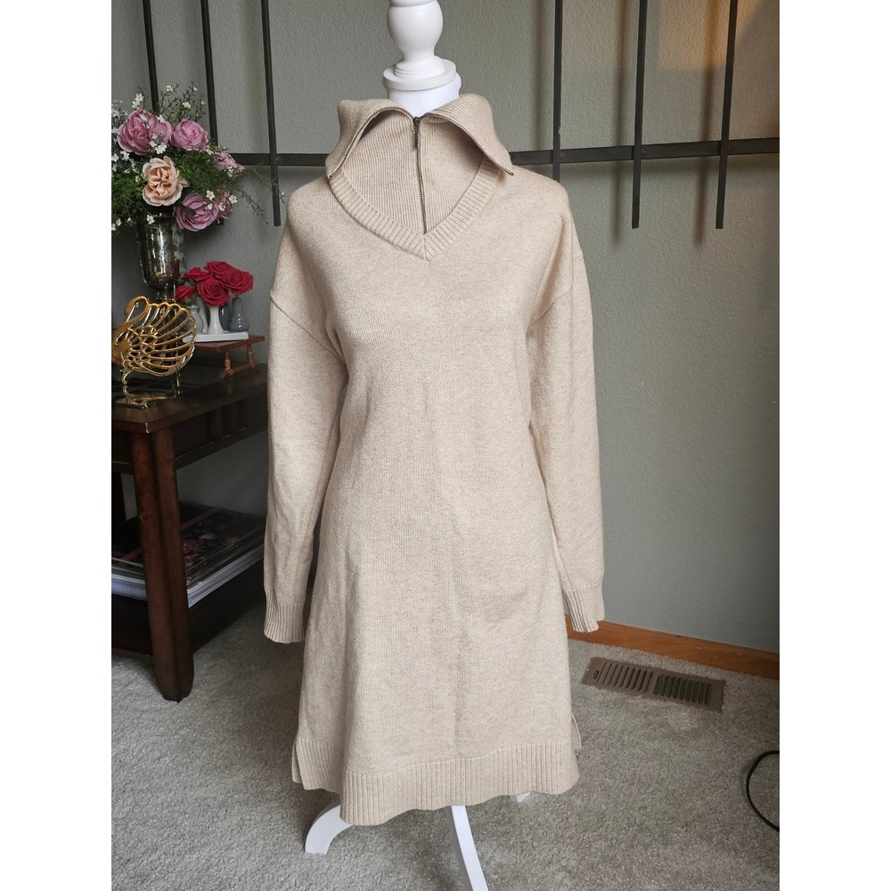 Tristan Women's M Oatmeal Knit Sweater Dress Oversized Convertible Zip Collar